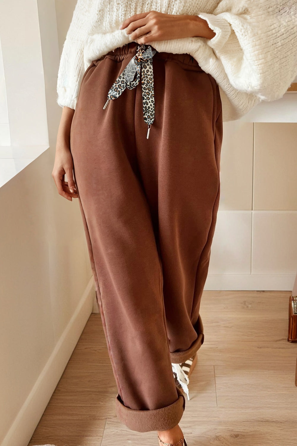 LivelyLooks Women's Fleece Lined Leopard Drawstring High Waist Trousers S-XL women's fashion