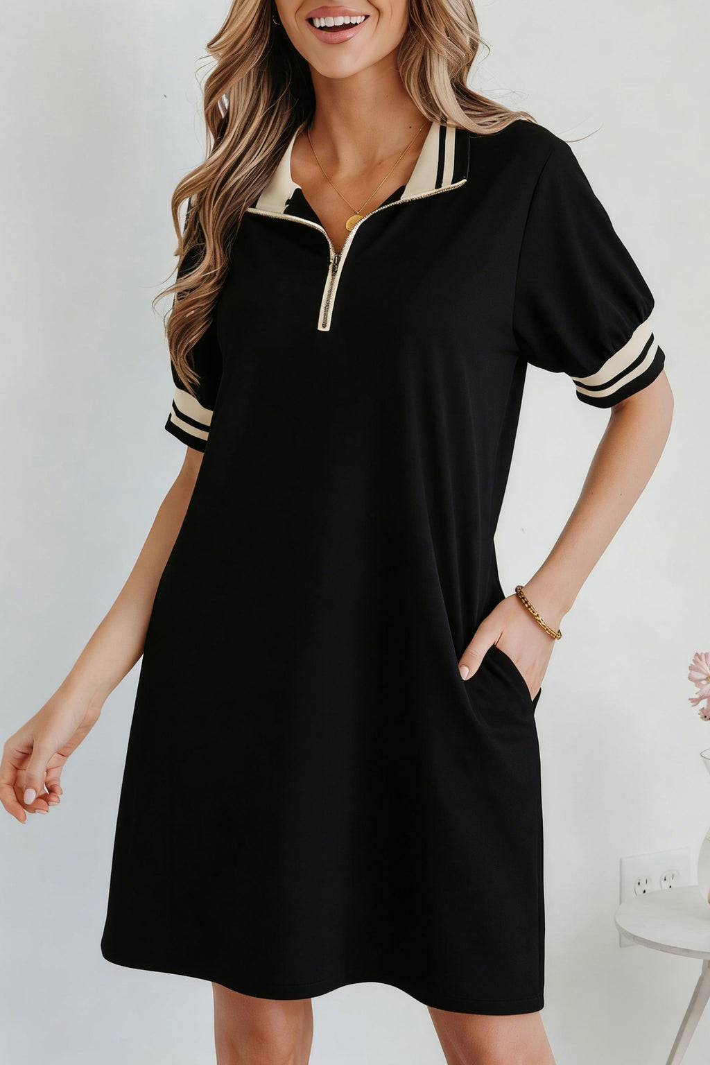 Black Striped Webbing Trim Polo Tee Dress Preppy Short Sleeve Women S-2XL
