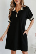 Black Striped Webbing Trim Polo Tee Dress Preppy Short Sleeve Women S-2XL