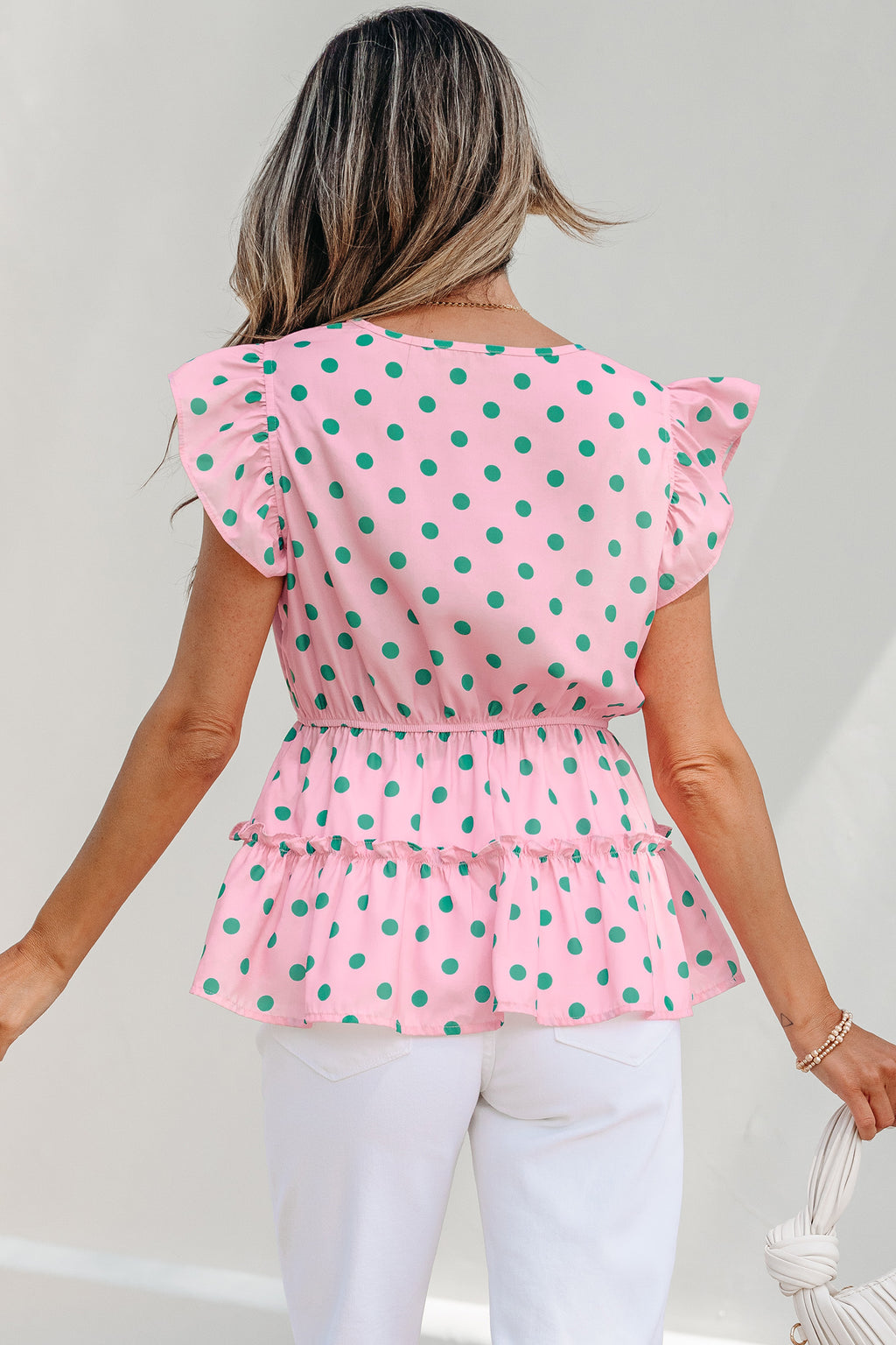 Women's Pink Polka Dot V-Neck Drawstring Tiered Babydoll Blouse at LivelyLooks