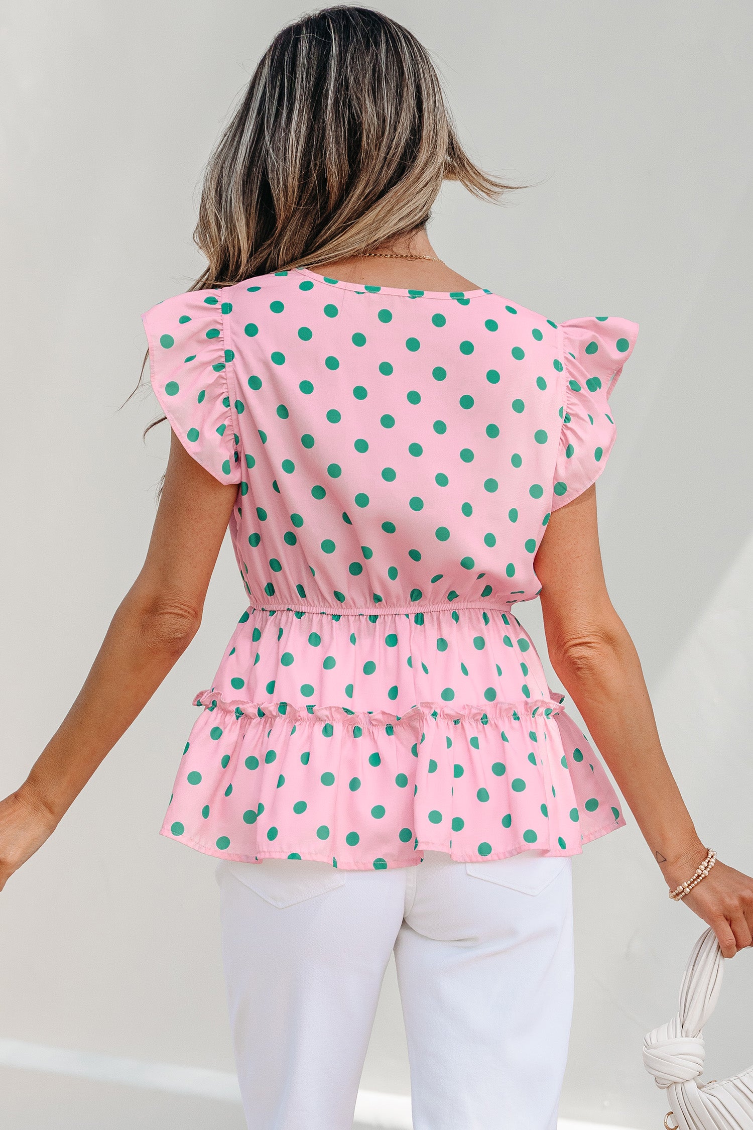 Women's Pink Polka Dot V-Neck Drawstring Tiered Babydoll Blouse at LivelyLooks
