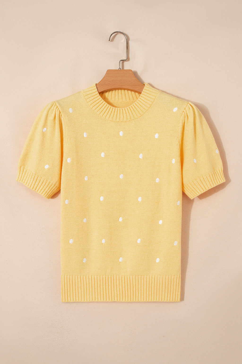 LivelyLooks Yellow Cream Elegant Polka Dot Bubble Short Sleeve Sweater women's fashion