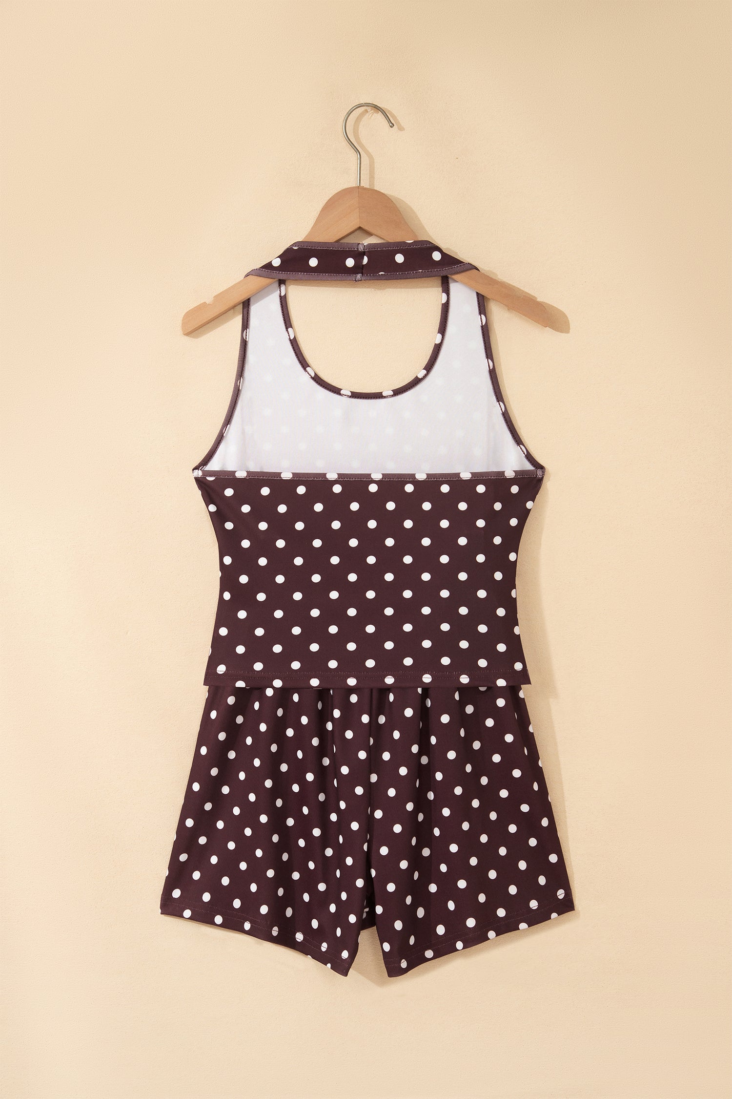 Polka Dot Halter Co-ord Short Set Drawstring Elastic Waist | Brown & Pink