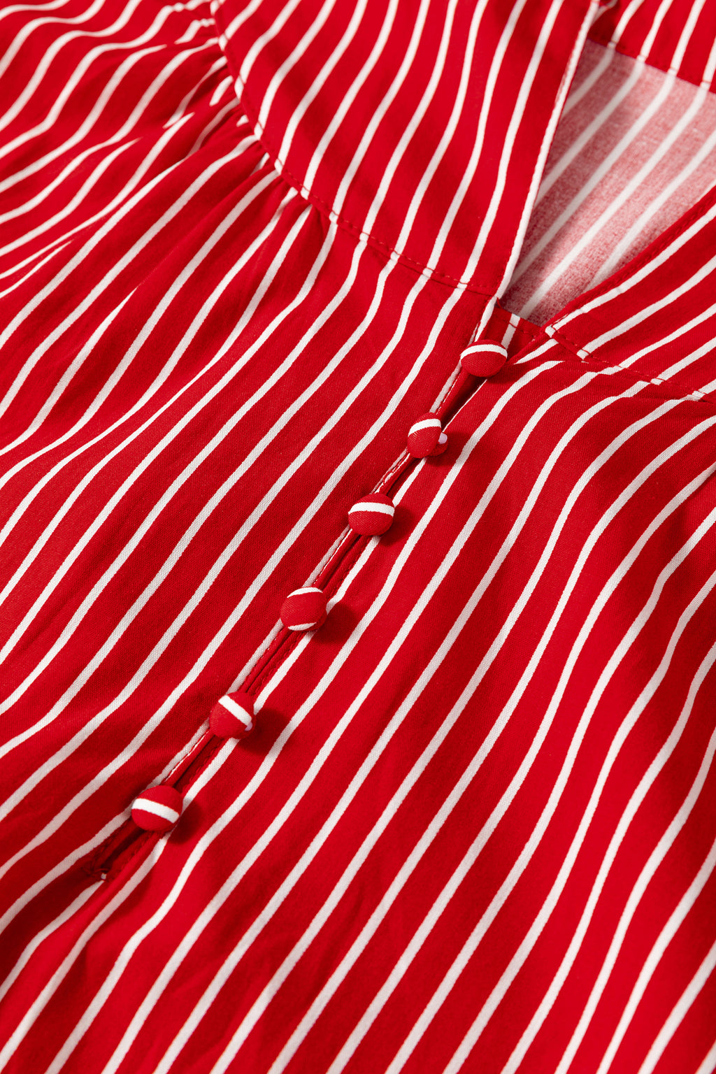 Red Stripe Ruffled Blouse Short Puff Sleeve Button Front Gathered Collar S-XL