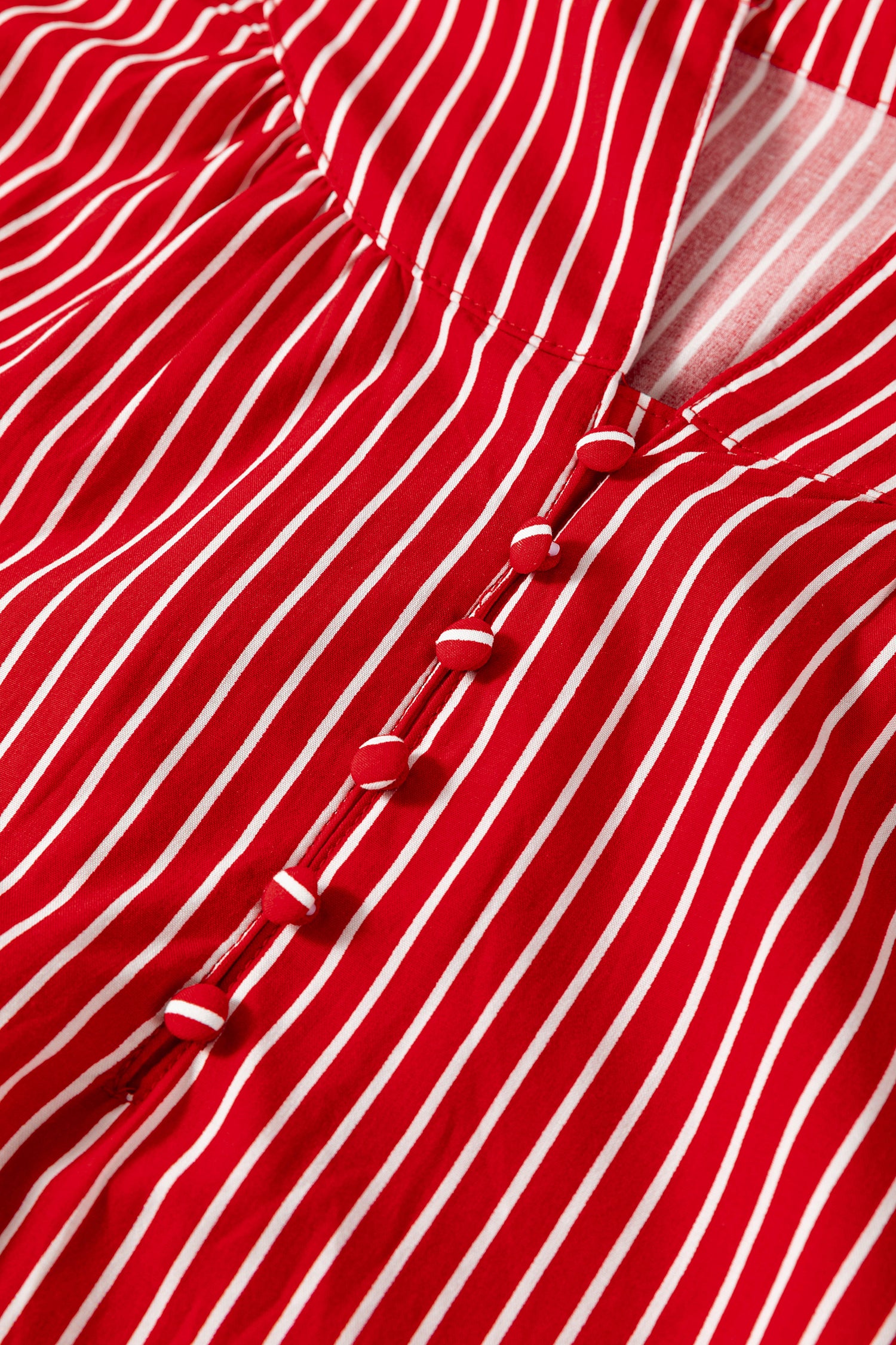 Red Stripe Ruffled Blouse Short Puff Sleeve Button Front Gathered Collar S-XL