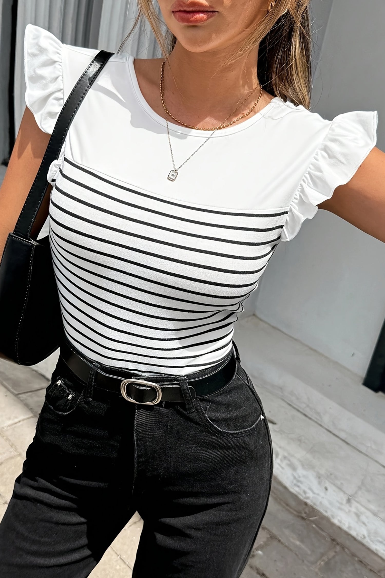 Women's White Stripe Ruffle Trim Knot Back Tank Top | Sizes S-XL at LivelyLooks