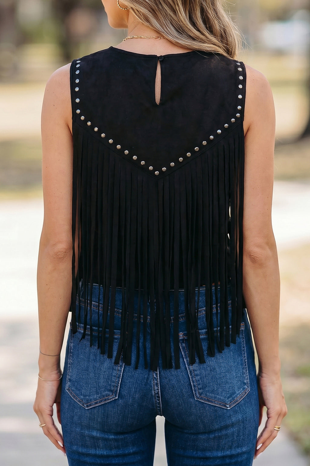 Black Western Fringe & Rivet Sleeveless Top | Sizes 8-22