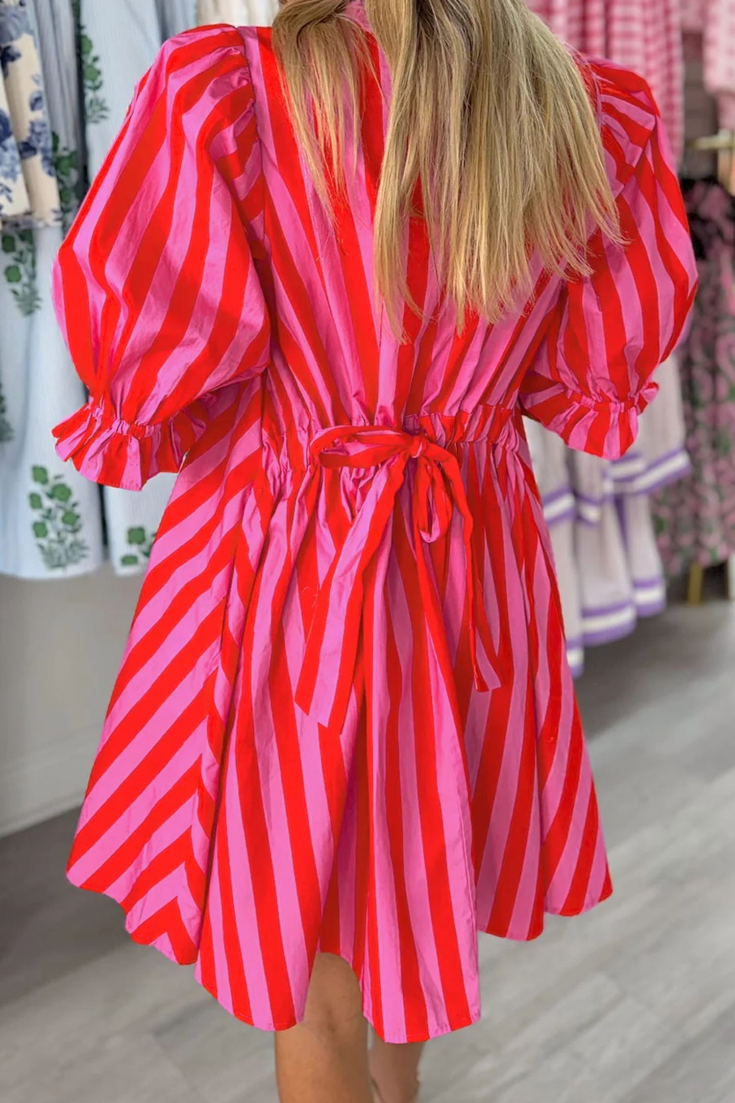 Women's Striped Puff Sleeve Mini Dress | Half Button Loose Fit | Red & Yellow at LivelyLooks