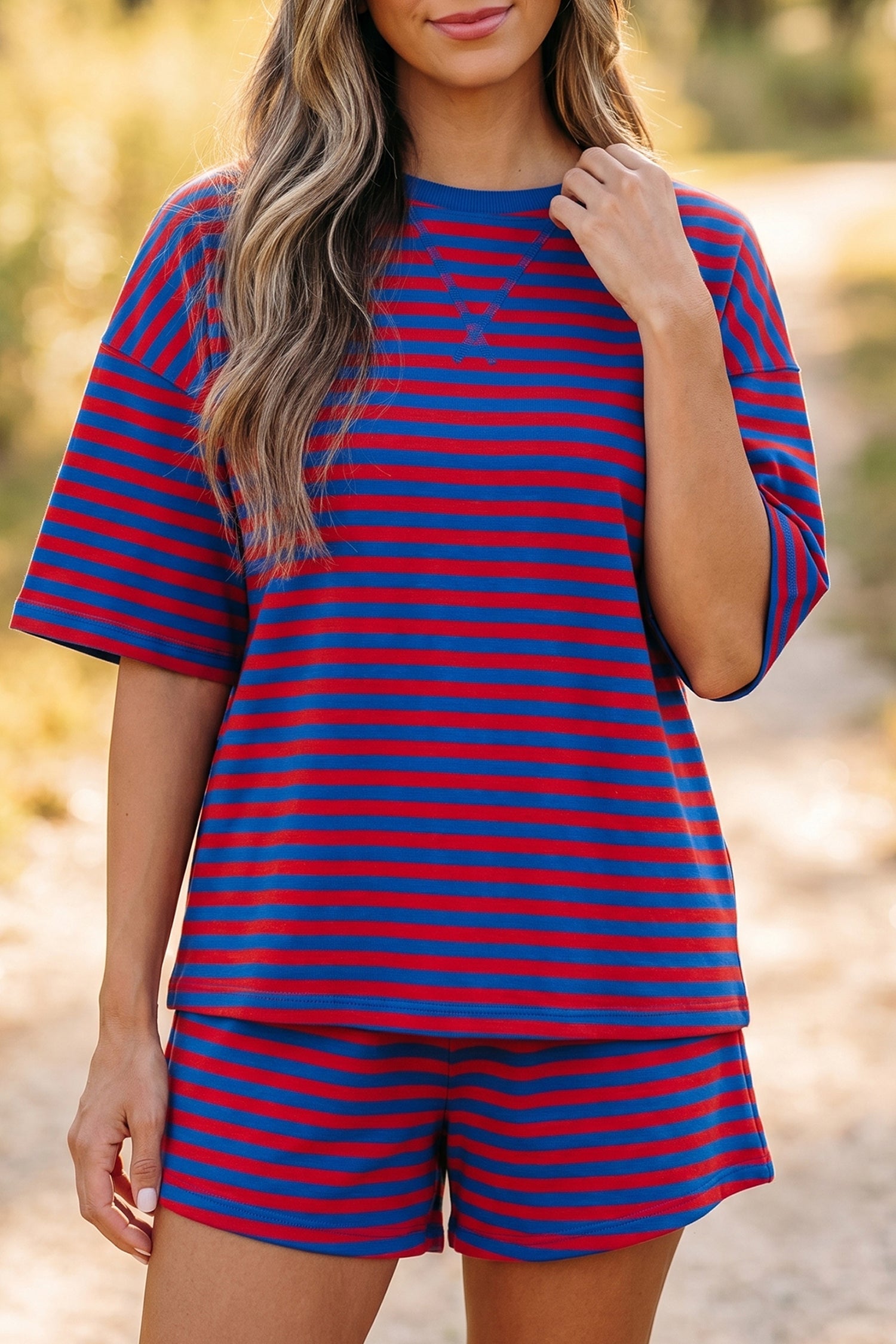 Striped Ribbed Cotton Short Set with Chest Patch Detail | Blue & Navy Stripe