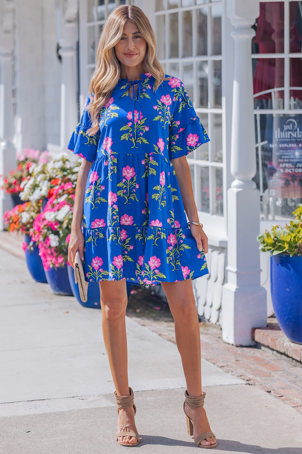 Blue V Neck Short Sleeve Loose Floral Maxi Dress S-XL