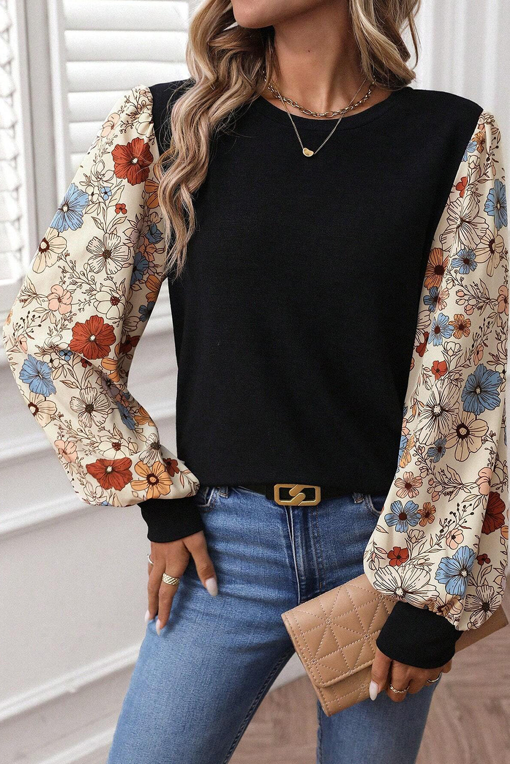 Women's Khaki & Apricot Leopard Patchwork Puff Sleeve Top S-XL at LivelyLooks