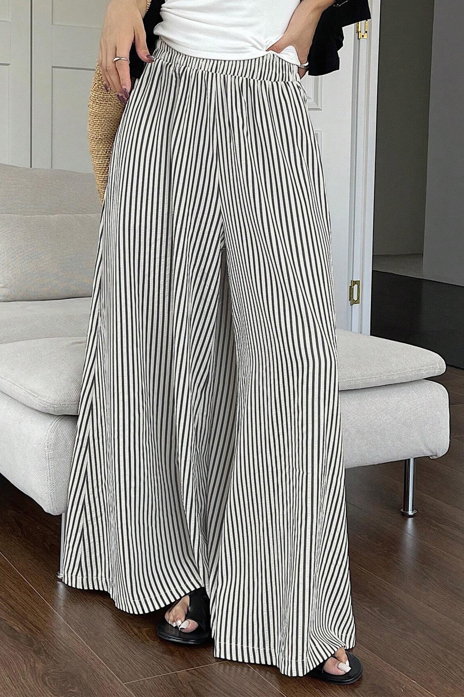 Shop Black Stripe Elastic Waist Ultra Wide Leg Trousers | UK Sizes 8-18 at LivelyLooks