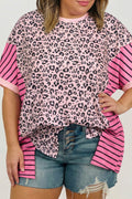 Women's Pink Leopard Striped Contrast Patchwork Plus Size Tee at LivelyLooks