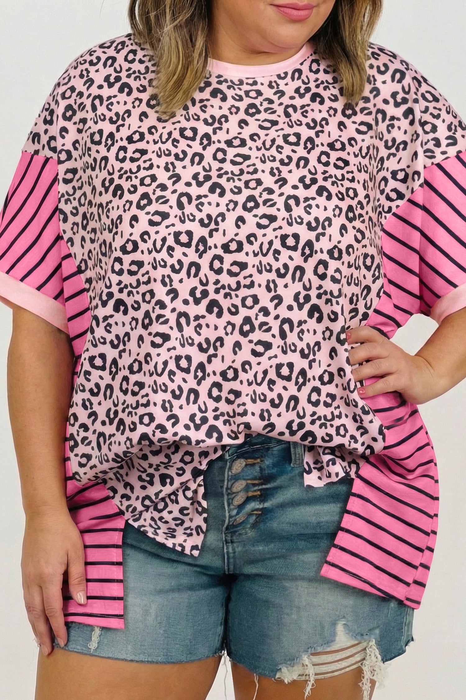 Women's Pink Leopard Striped Contrast Patchwork Plus Size Tee at LivelyLooks