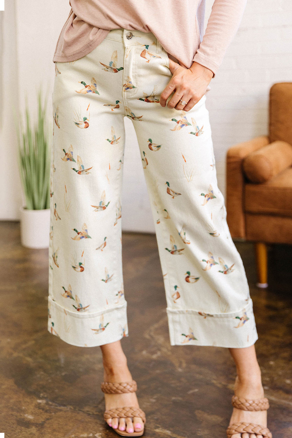 Beige Mallard Print Cuffed Hem Shift Jeans Pockets Elastic UK 4-16