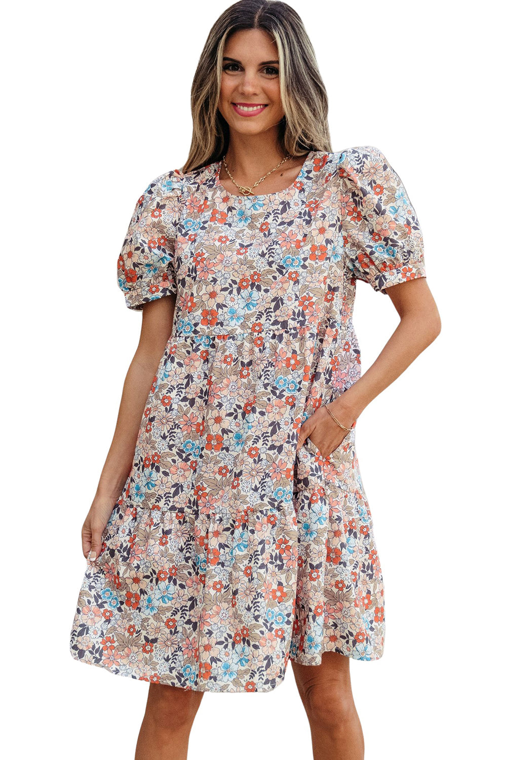 LivelyLooks Beige Boho Floral Puff Sleeve Crew Neck Mini Dress women's fashion