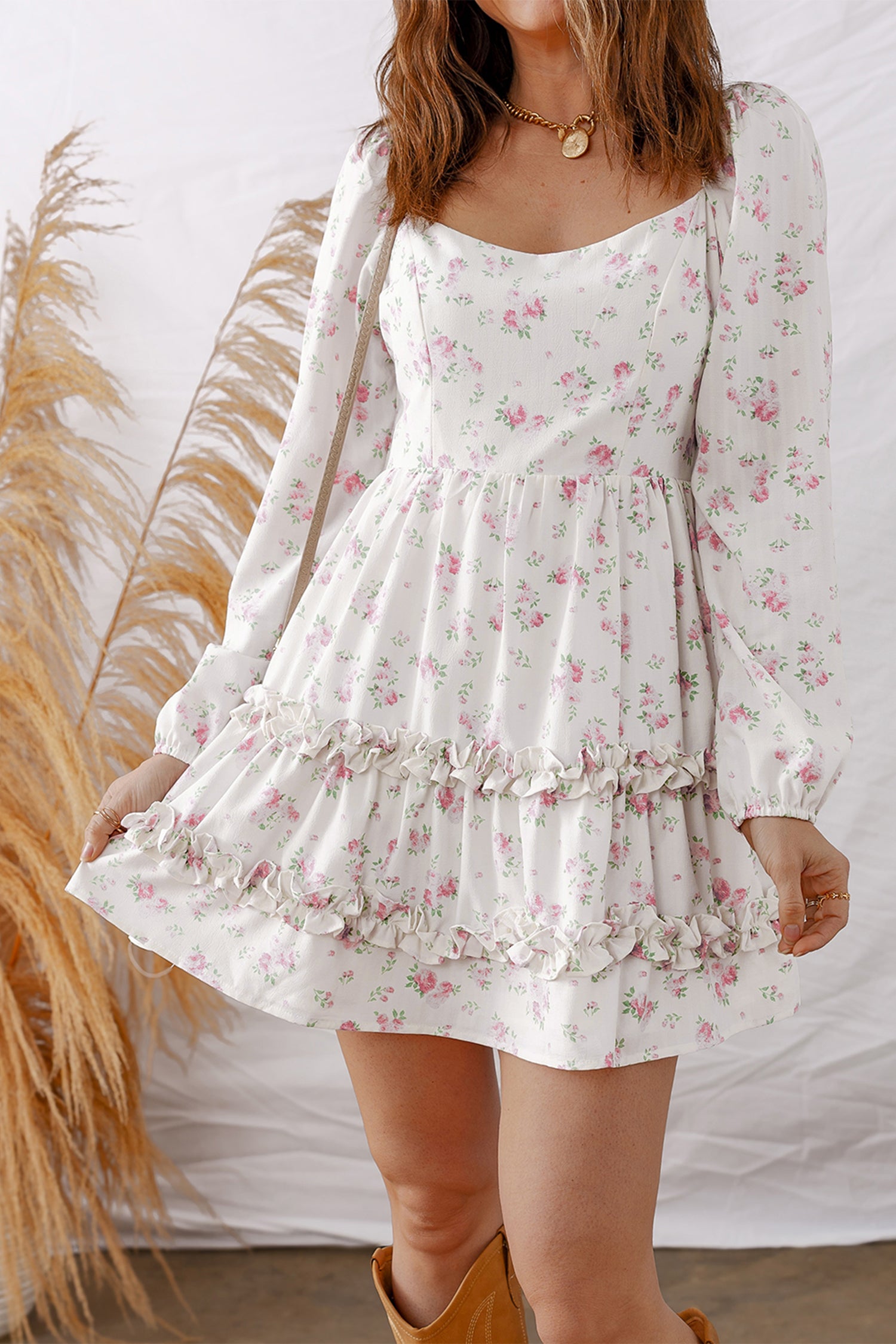 Pink Floral Long Sleeve Ruffle Detail Flared Mini Dress S-XL