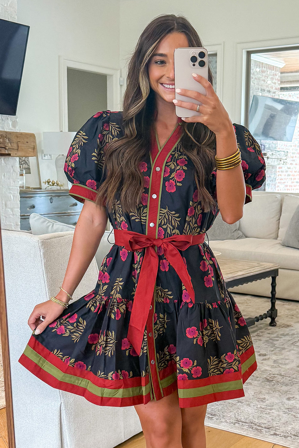 Black Retro Floral Belted Puff Sleeve Button Down Mini Dress