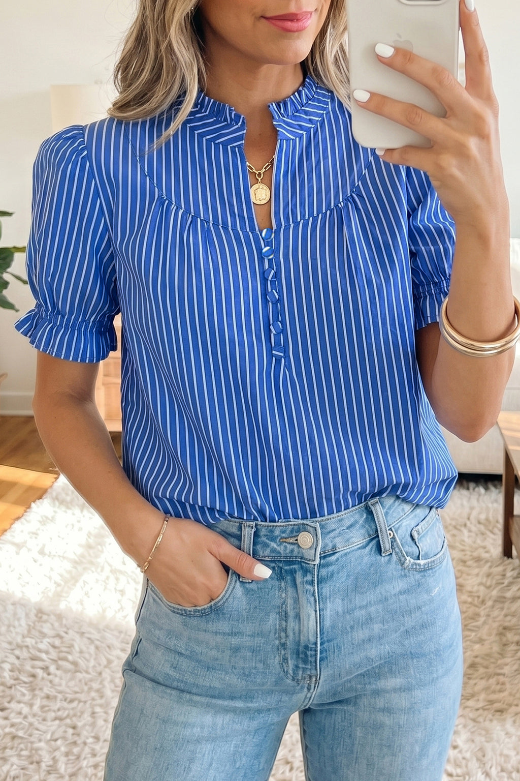 LivelyLooks Blue Stripe Puff Sleeve Blouse Ruffle Collar Button Front S-XL women's fashion