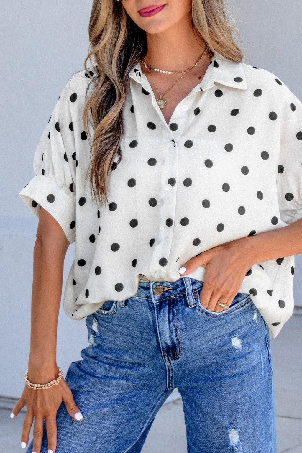 Beige Polka Dot Dolman Shirt Loose Fit Short Sleeve Rolled Cuff Women S-XL