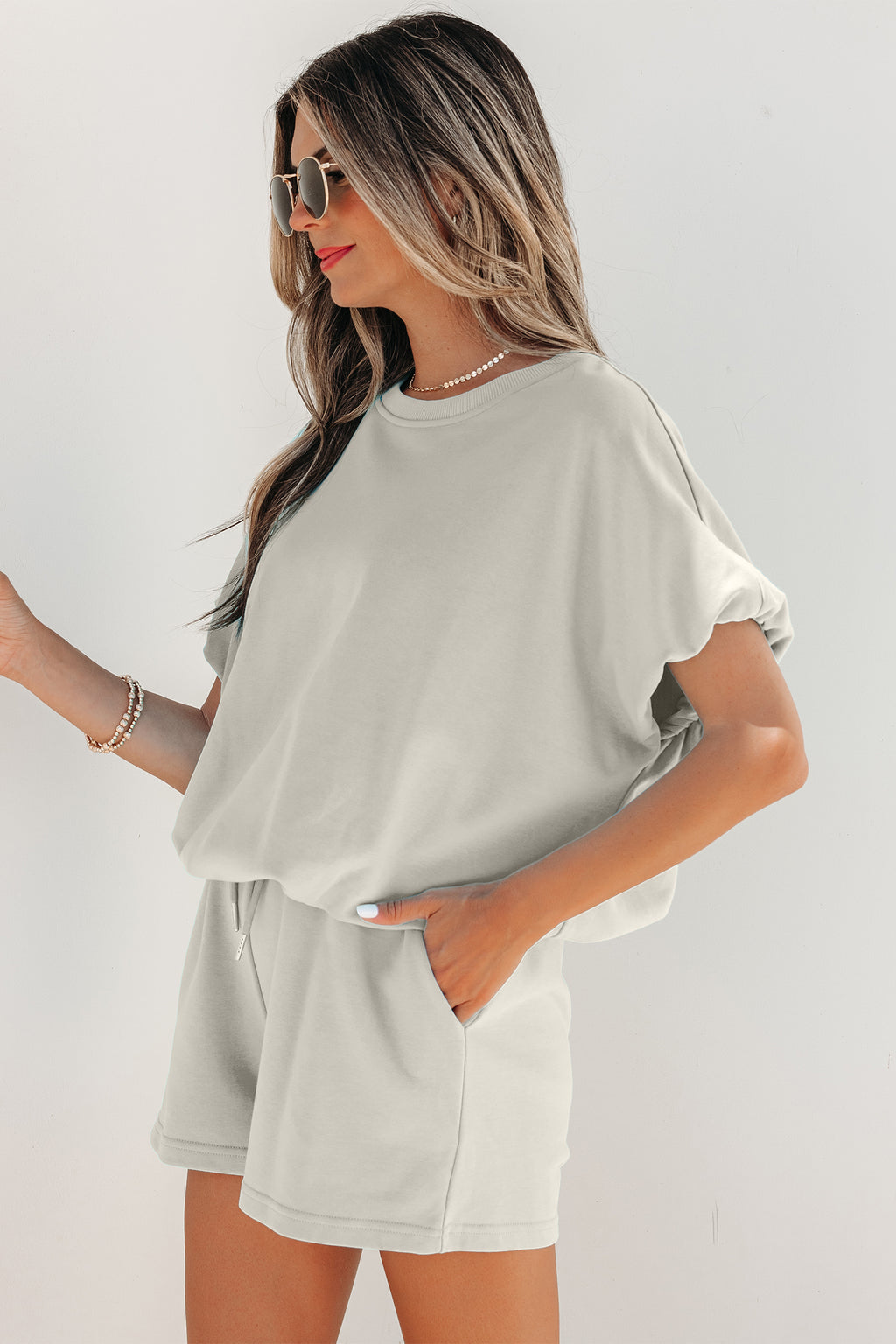 Puffy Loose Top & Drawstring Shorts Set – Smoke Grey & Light Blue