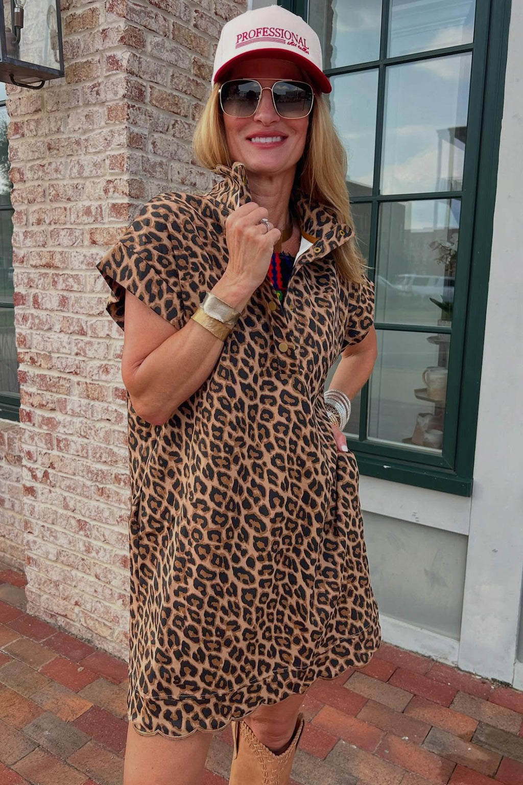 Women's Khaki Buttoned Collar Short Sleeve Shift Leopard Dress with Pockets at LivelyLooks
