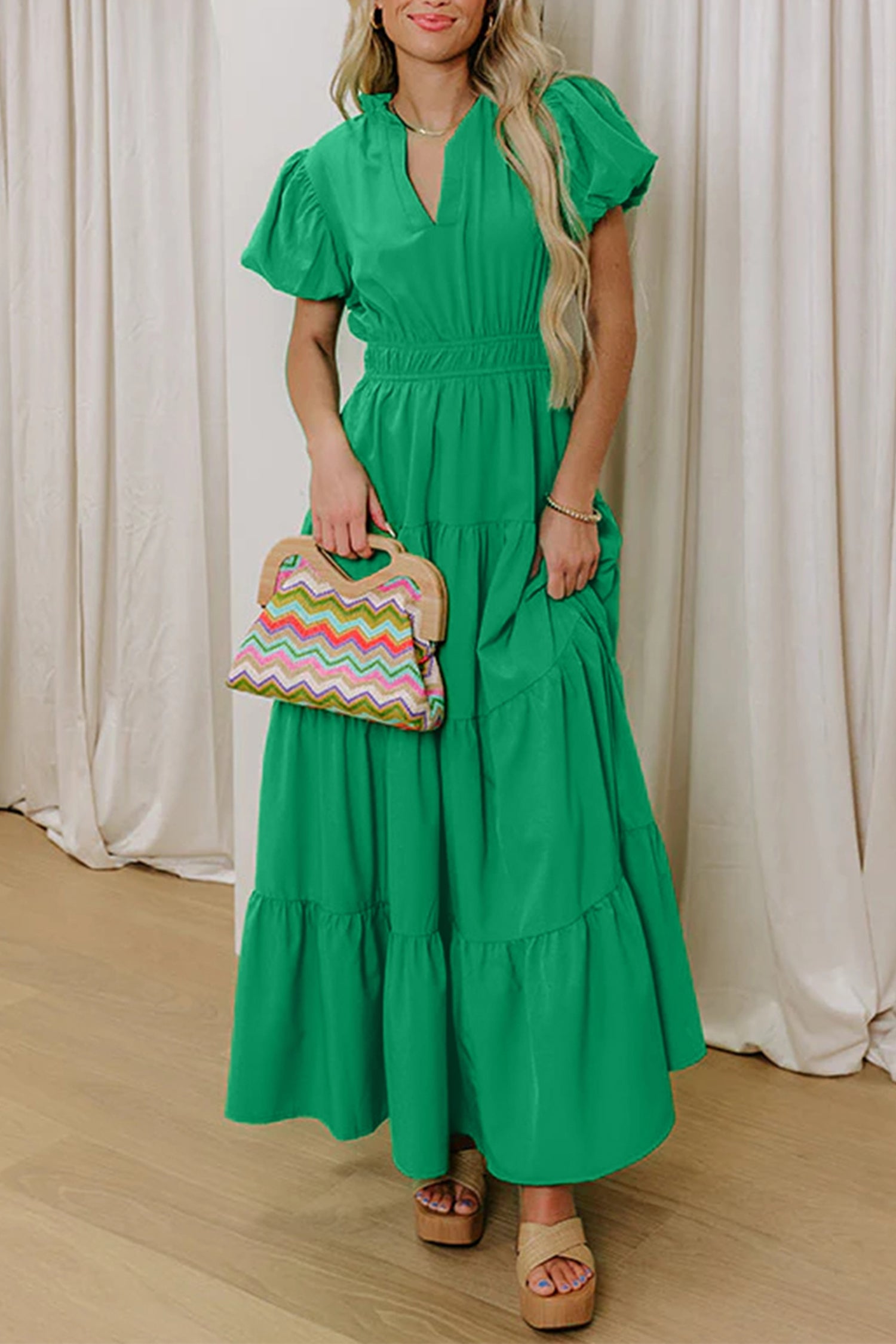 Women's Solid Colour V Neck Puff Sleeve High Waist Tiered Maxi Dress | S-XL at LivelyLooks