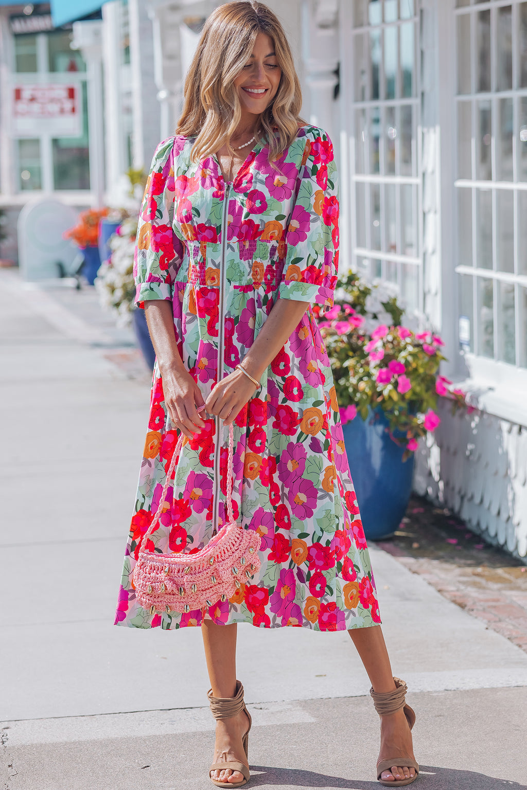 Rose Floral Print Zip Front Shirred Waist Flared Half Sleeve Midi Dress S-XL