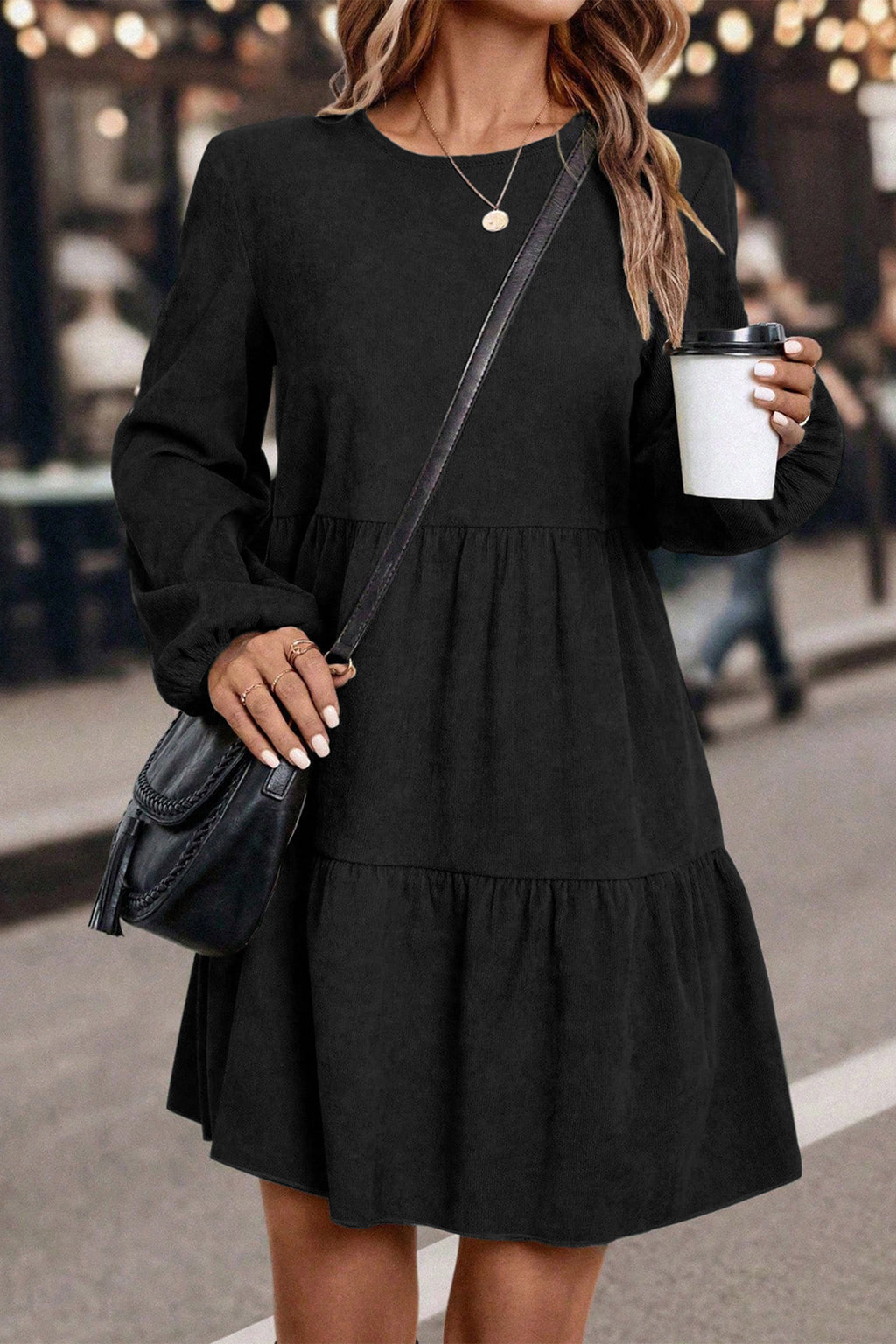 Lantern Sleeve Tiered Mini Dress | Black, Dark Brown & Mist Green | UK 8–22