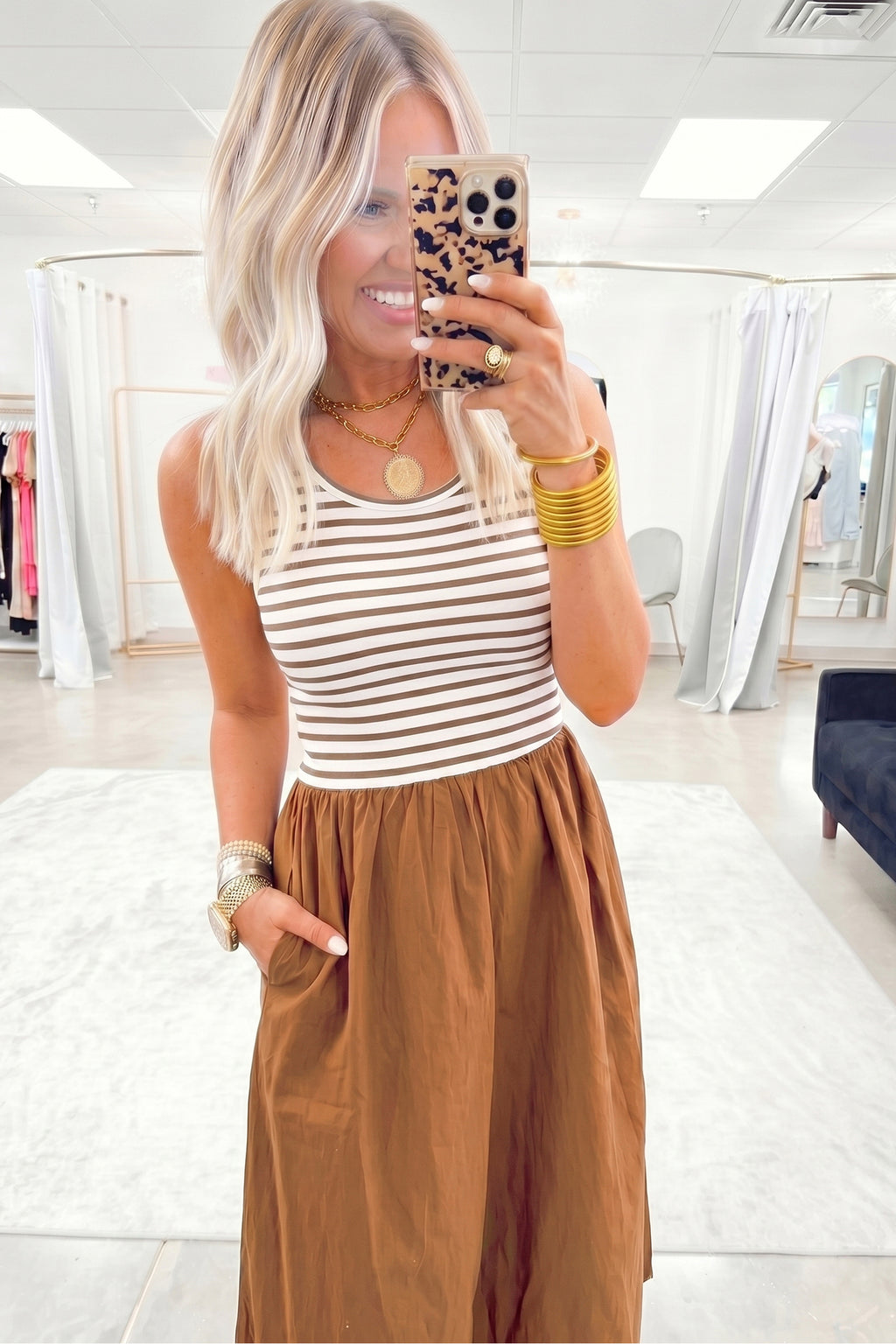 Chestnut Striped Colourblock Patchwork Sleeveless Casual Long Dress | UK 8–16