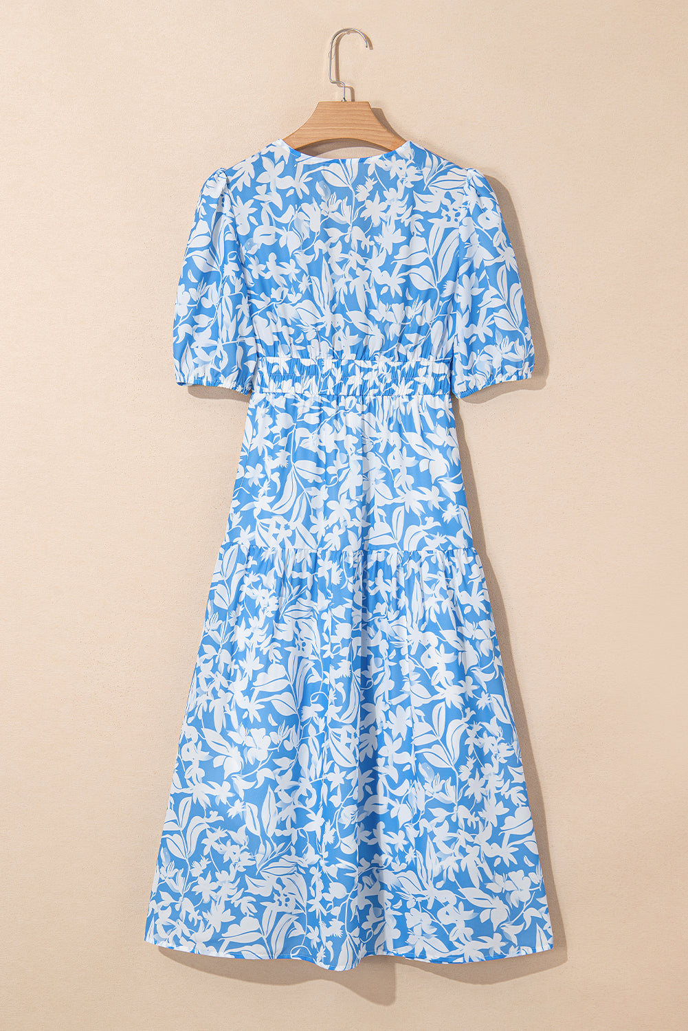 LivelyLooks Blue Floral V-Neck Puff Sleeve Fit & Flare Maxi Dress women's fashion