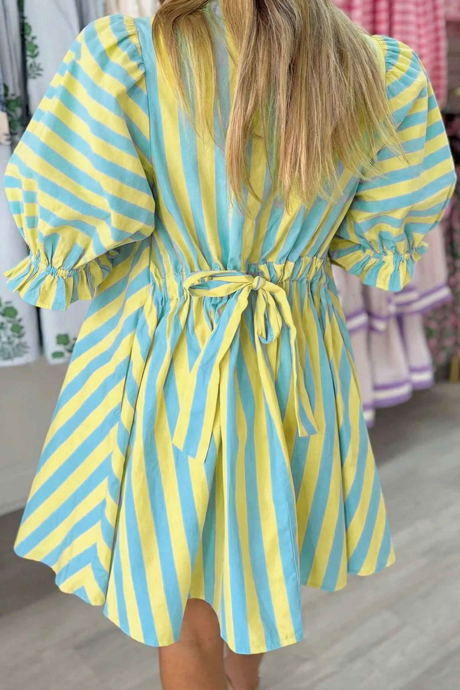 Women's Striped Puff Sleeve Mini Dress | Half Button Loose Fit | Red & Yellow at LivelyLooks