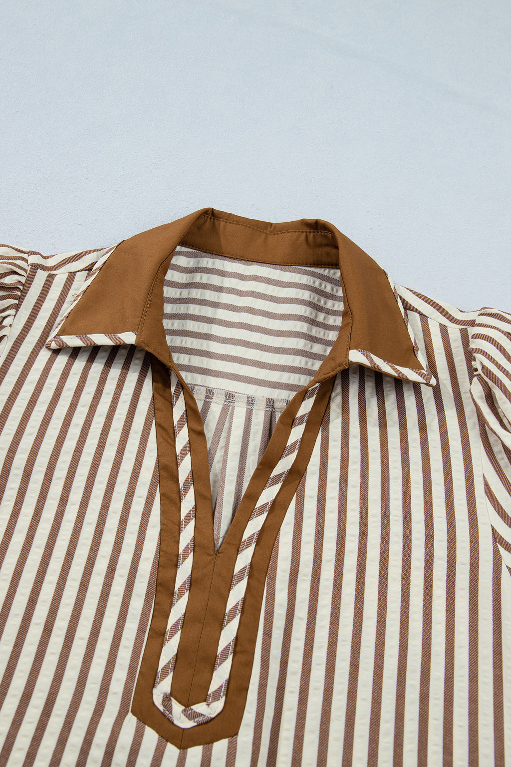 Brown Stripe Colour Block Ruffle Hem Shirt Collar Mini Dress S-XL