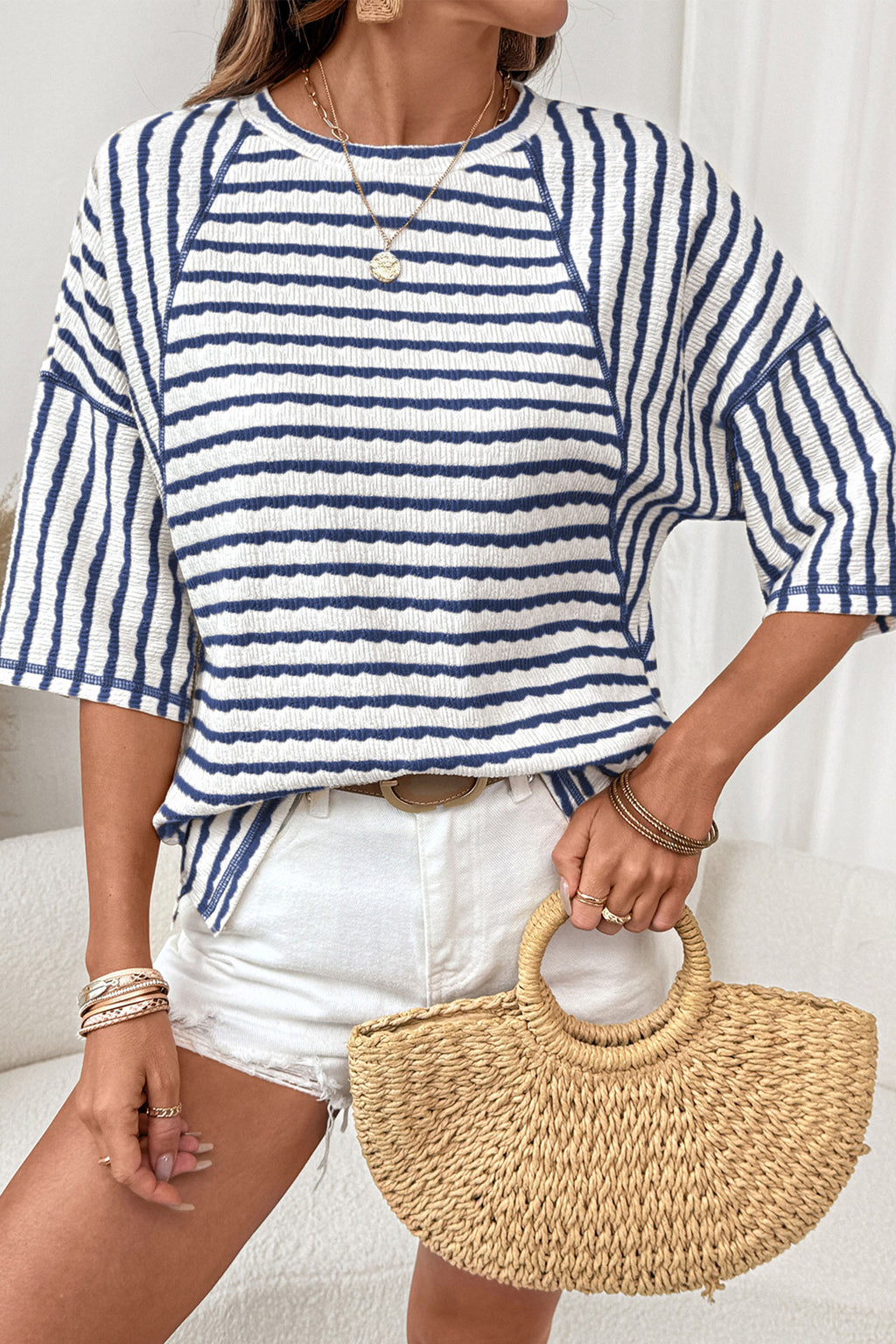 LivelyLooks Brown Stripe Textured Knit Split Hem Half Sleeve Loose Top women's fashion