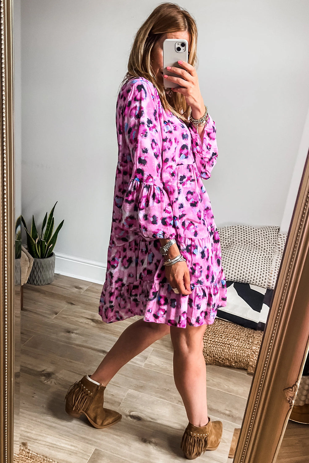 Women's Rose Leopard Print Buttoned Front 3/4 Sleeve Tiered Ruffle Hem Dress at LivelyLooks