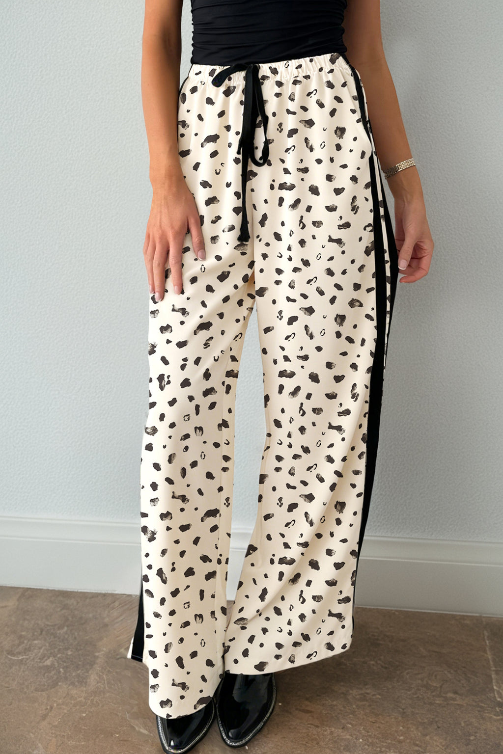 Women's Beige Leopard Print Side Stripe Loose Drawstring Trousers at LivelyLooks