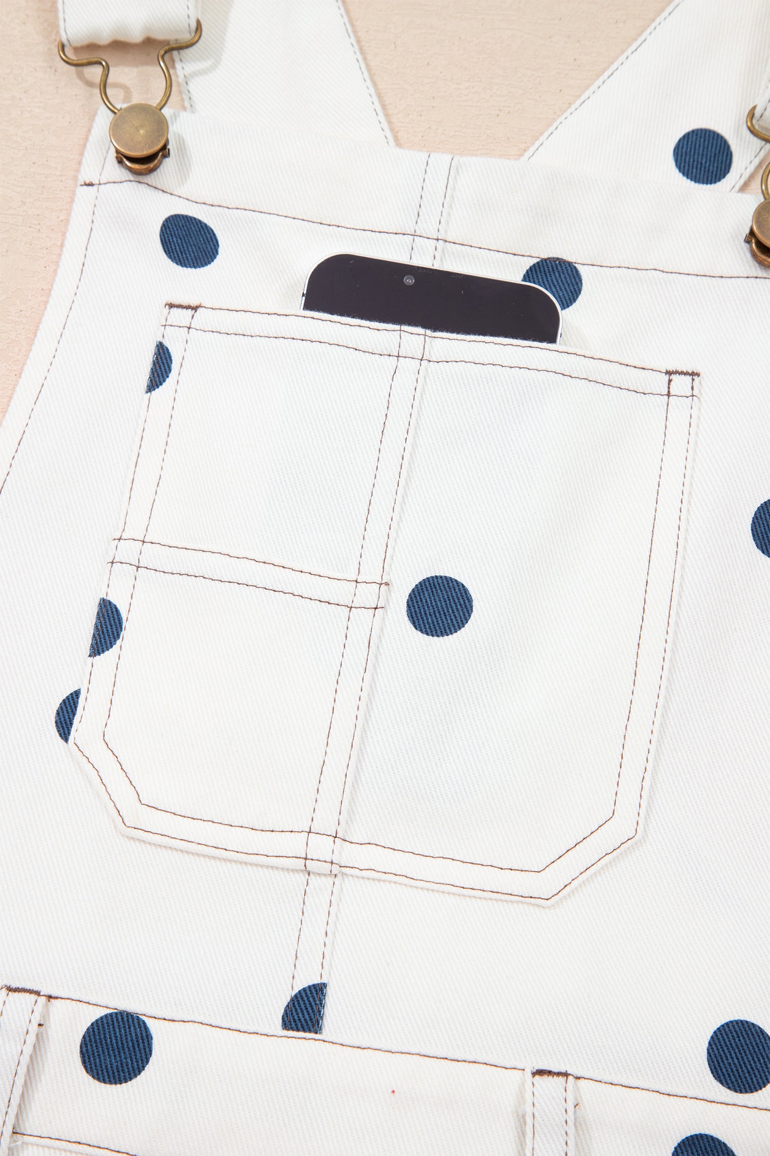 Polka Dot Denim Barrel Overalls Jumpsuit | Cream Beige Pink UK 8–22