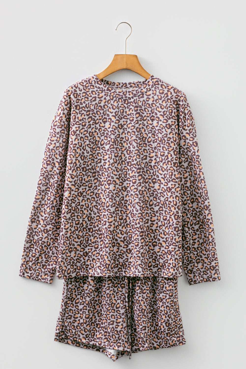 Khaki Leopard Ribbed Long Sleeve Top & Drawstring Shorts Set | UK 8–22