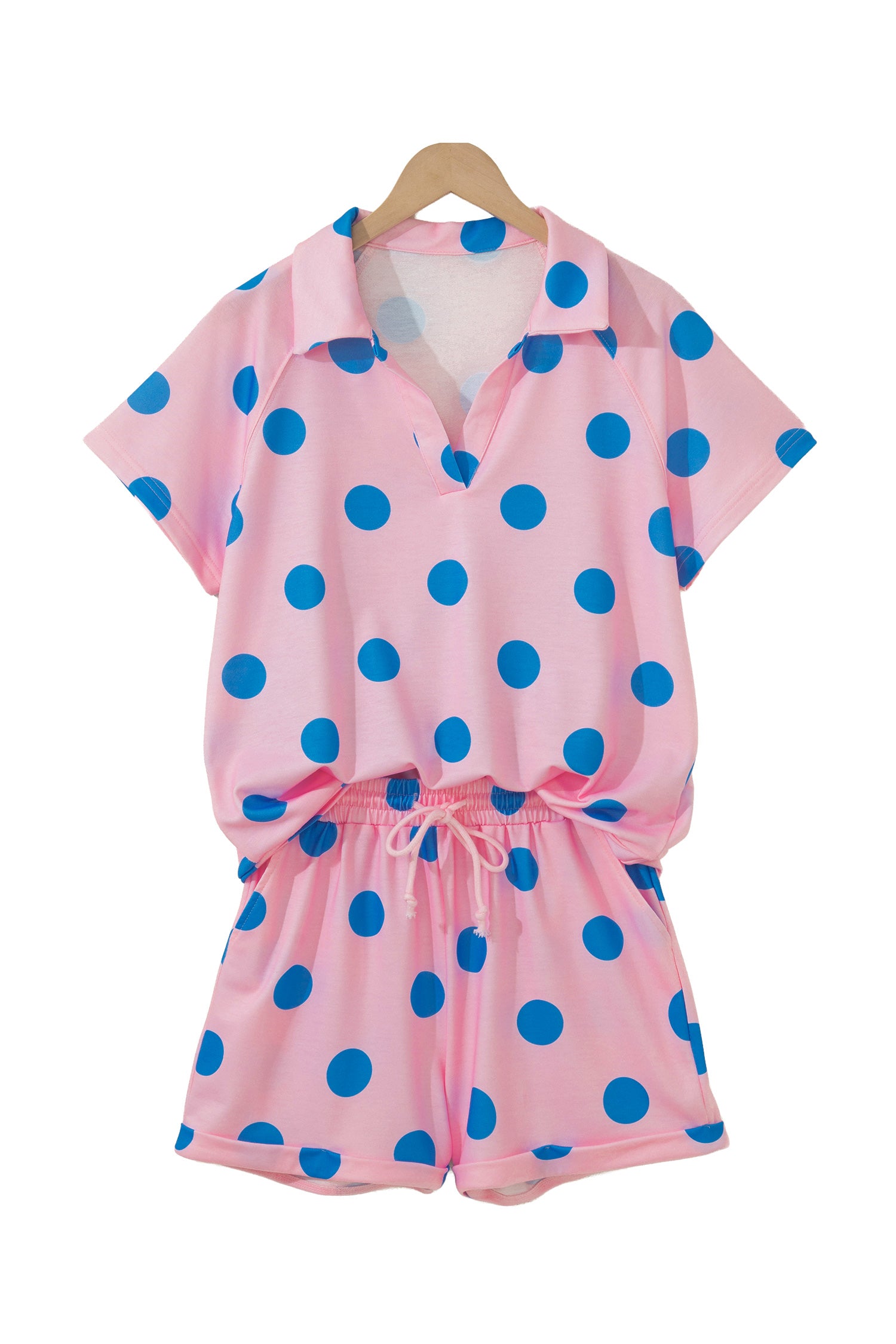 Polka Dot V-Neck Tee & Shorts Co-ord Set | Green, Pink & Beige S-XL
