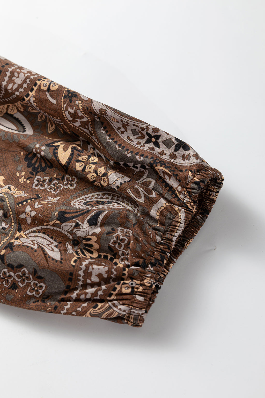 Brown Paisley Print Mini Dress Puff Sleeve Half Button Flowy Women S-XL