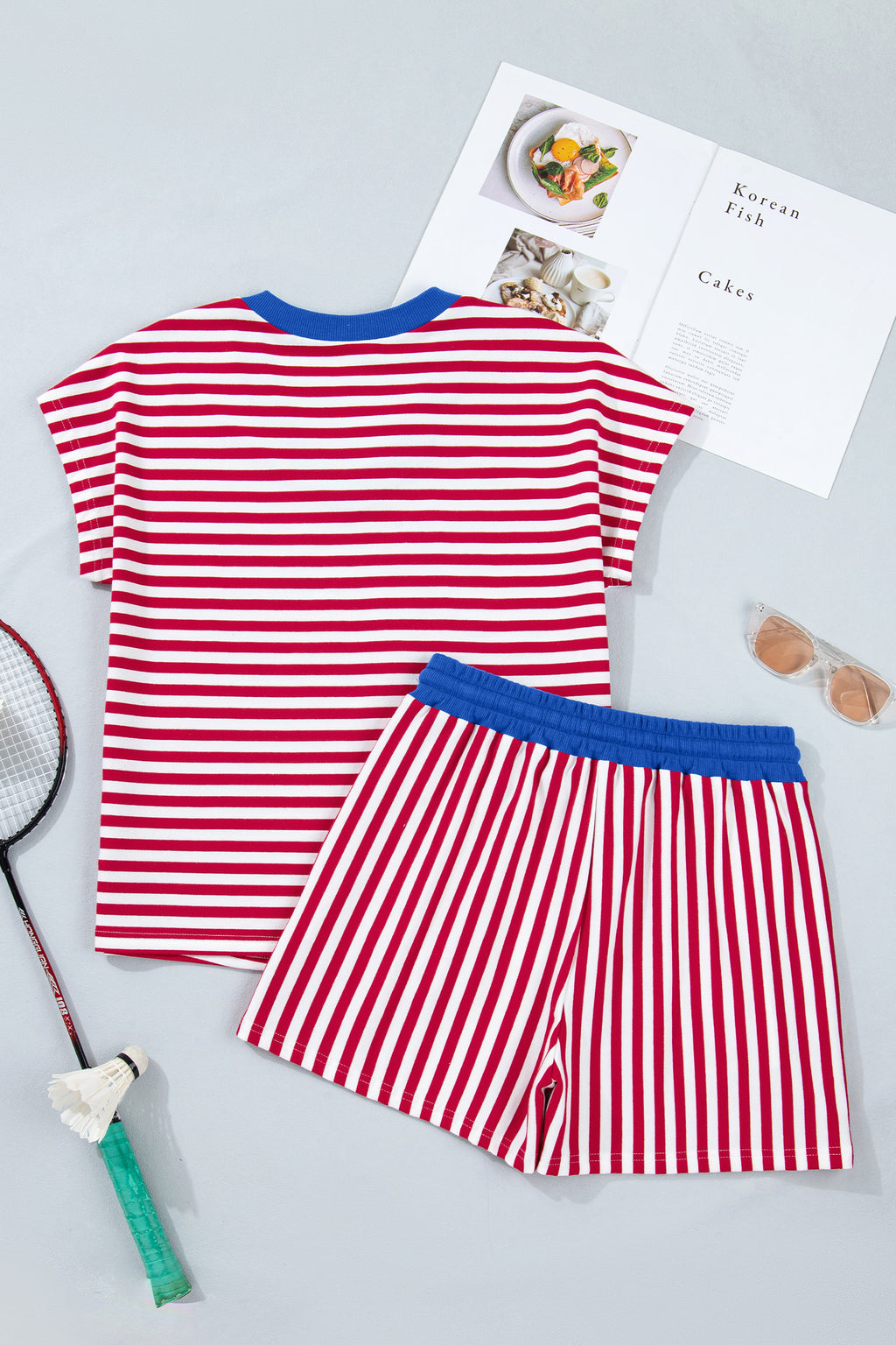 LivelyLooks Women's Stripe V-Neck Tee & Drawstring Shorts Set Contrast Trim S-XL women's fashion