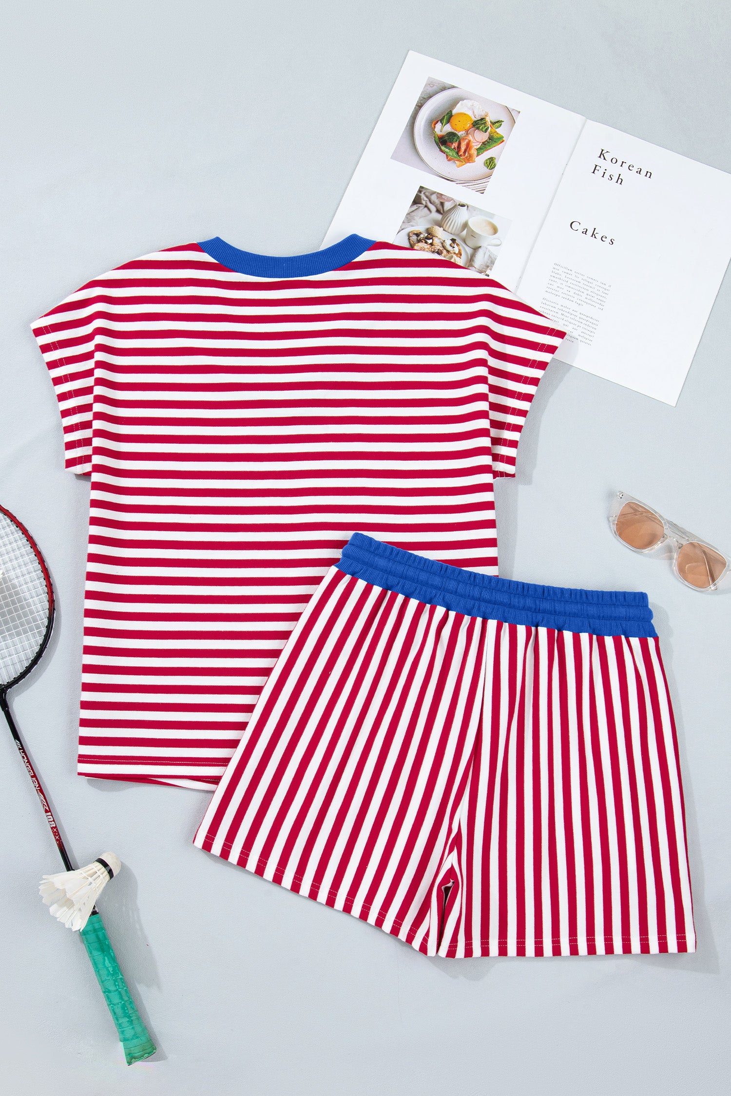 LivelyLooks Women's Stripe V-Neck Tee & Drawstring Shorts Set Contrast Trim S-XL women's fashion