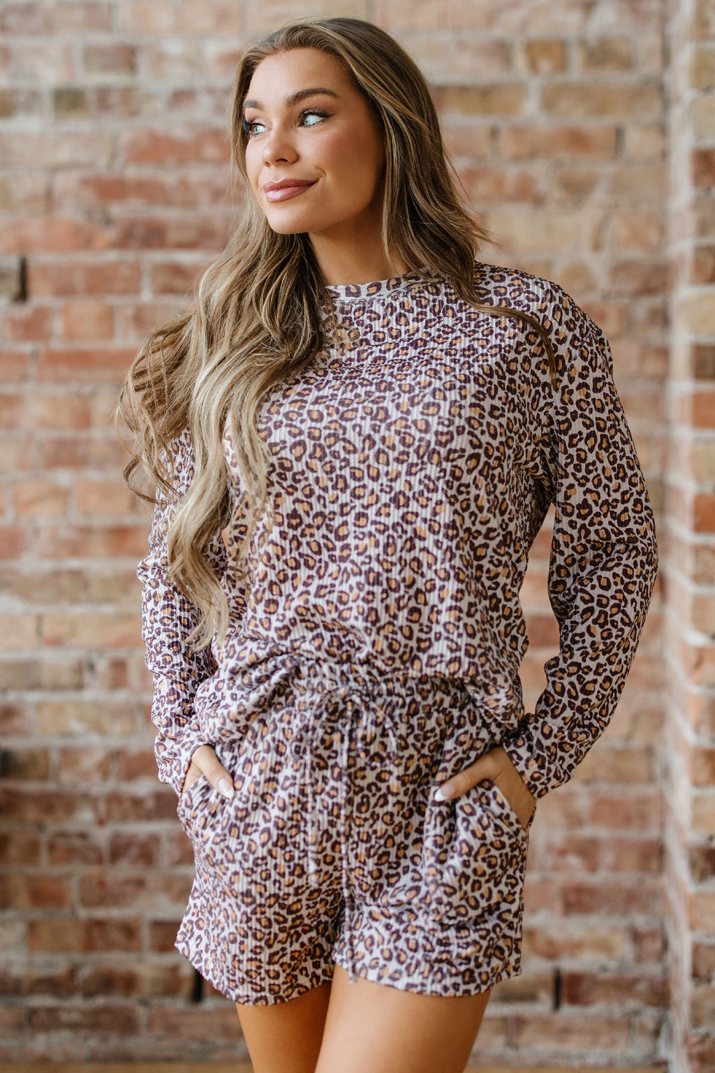 Khaki Leopard Ribbed Long Sleeve Top & Drawstring Shorts Set | UK 8–22