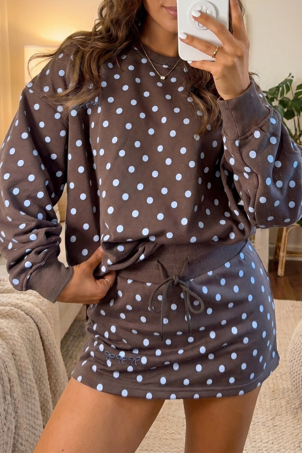 Brown Polka Dot Long Sleeve Pullover Bow Detail Skort Set | UK 8–22