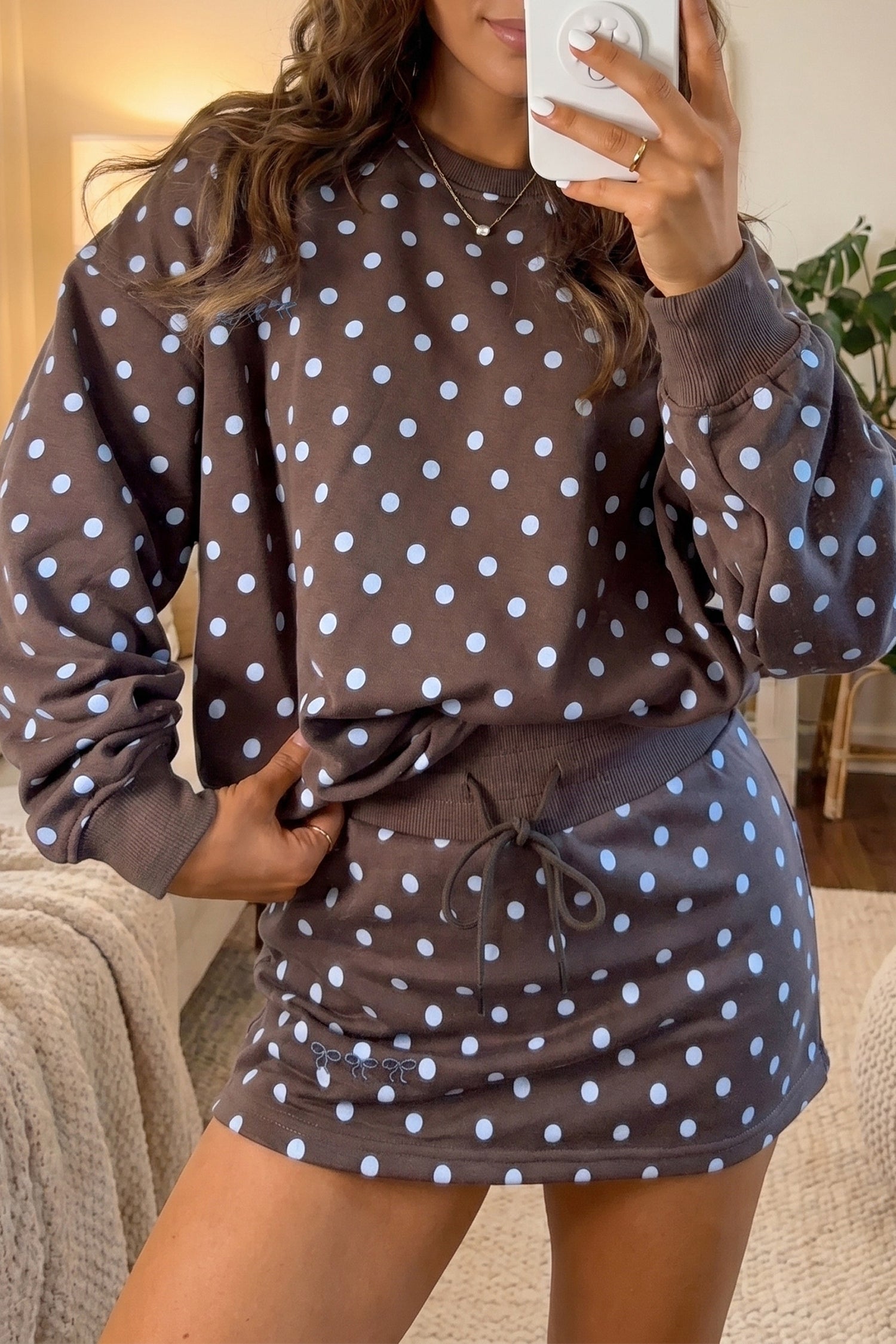 Brown Polka Dot Long Sleeve Pullover Bow Detail Skort Set | UK 8–22