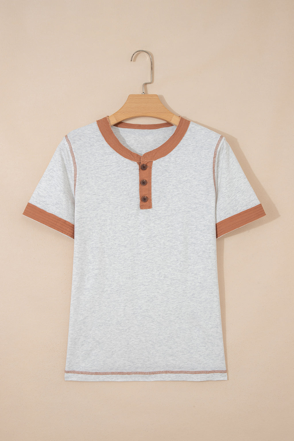 Colour Block Henley Tee Raw Seam Detail Buttoned Mint Green Light Grey Women S-XL