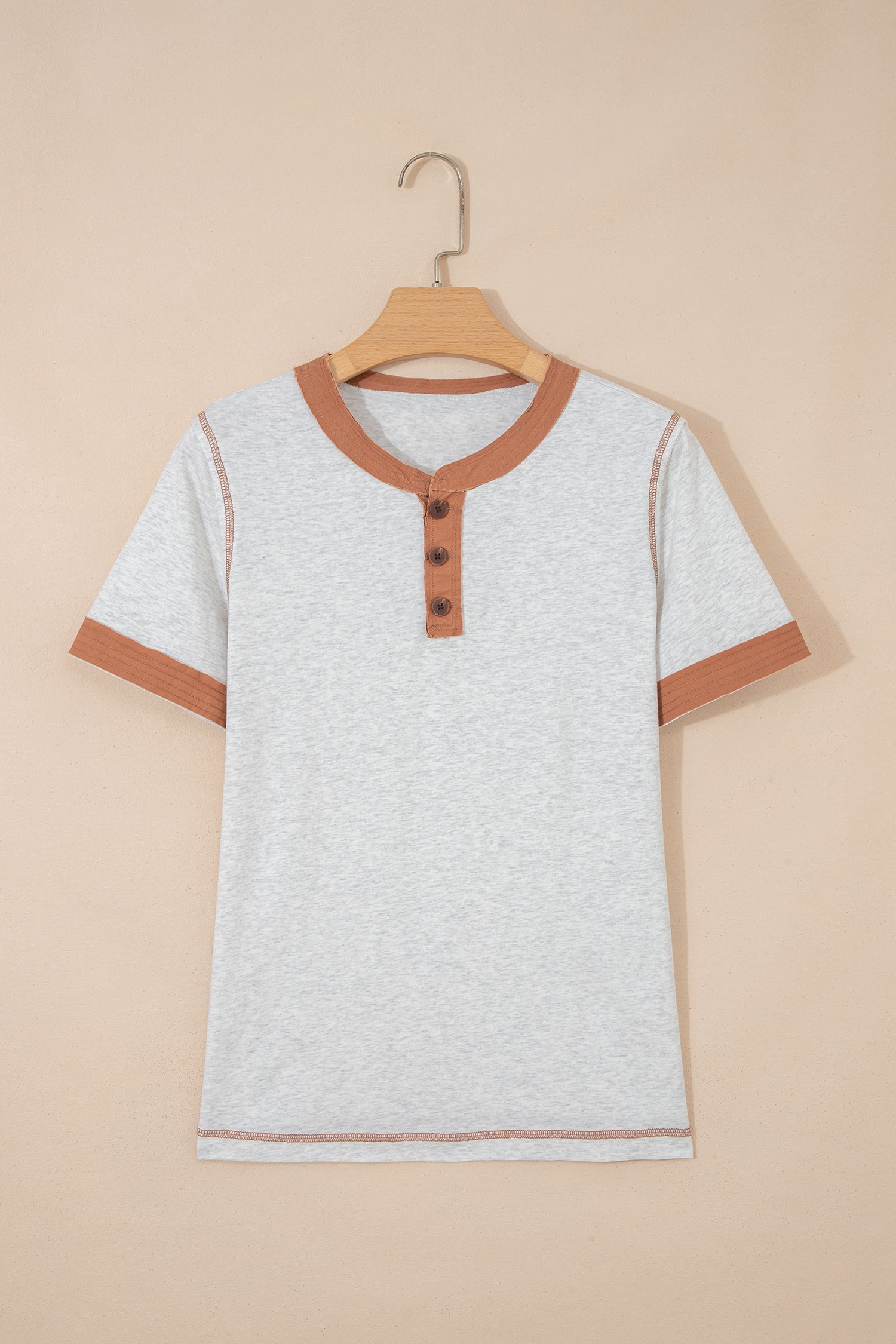 Colour Block Henley Tee Raw Seam Detail Buttoned Mint Green Light Grey Women S-XL