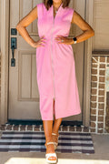 Pink V Neck Sleeveless Double Zip Shift Midi Dress S-XL