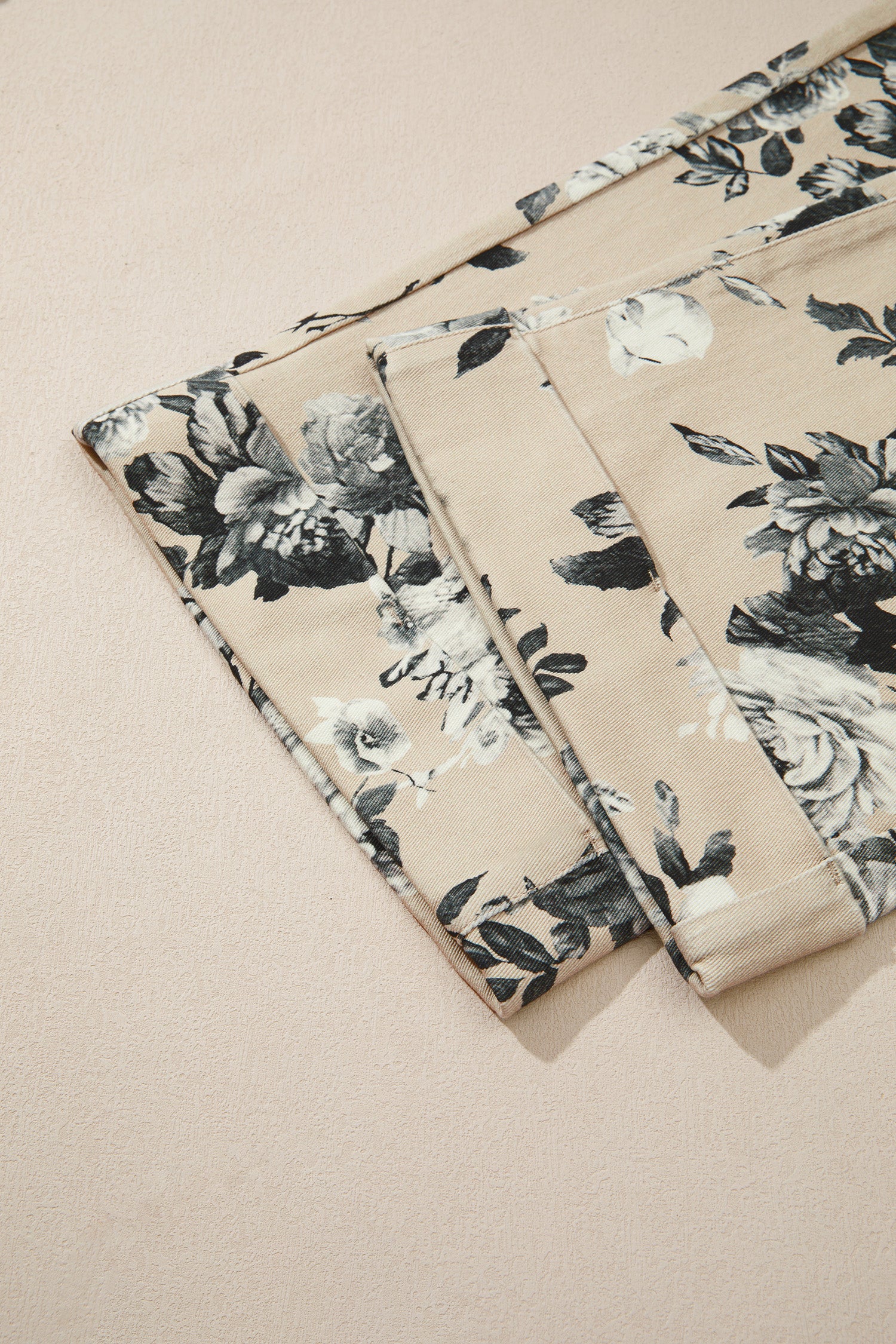 Beige Retro Floral Print Loose Jeans Turn-Up Cuffed Hem Women UK 4-16