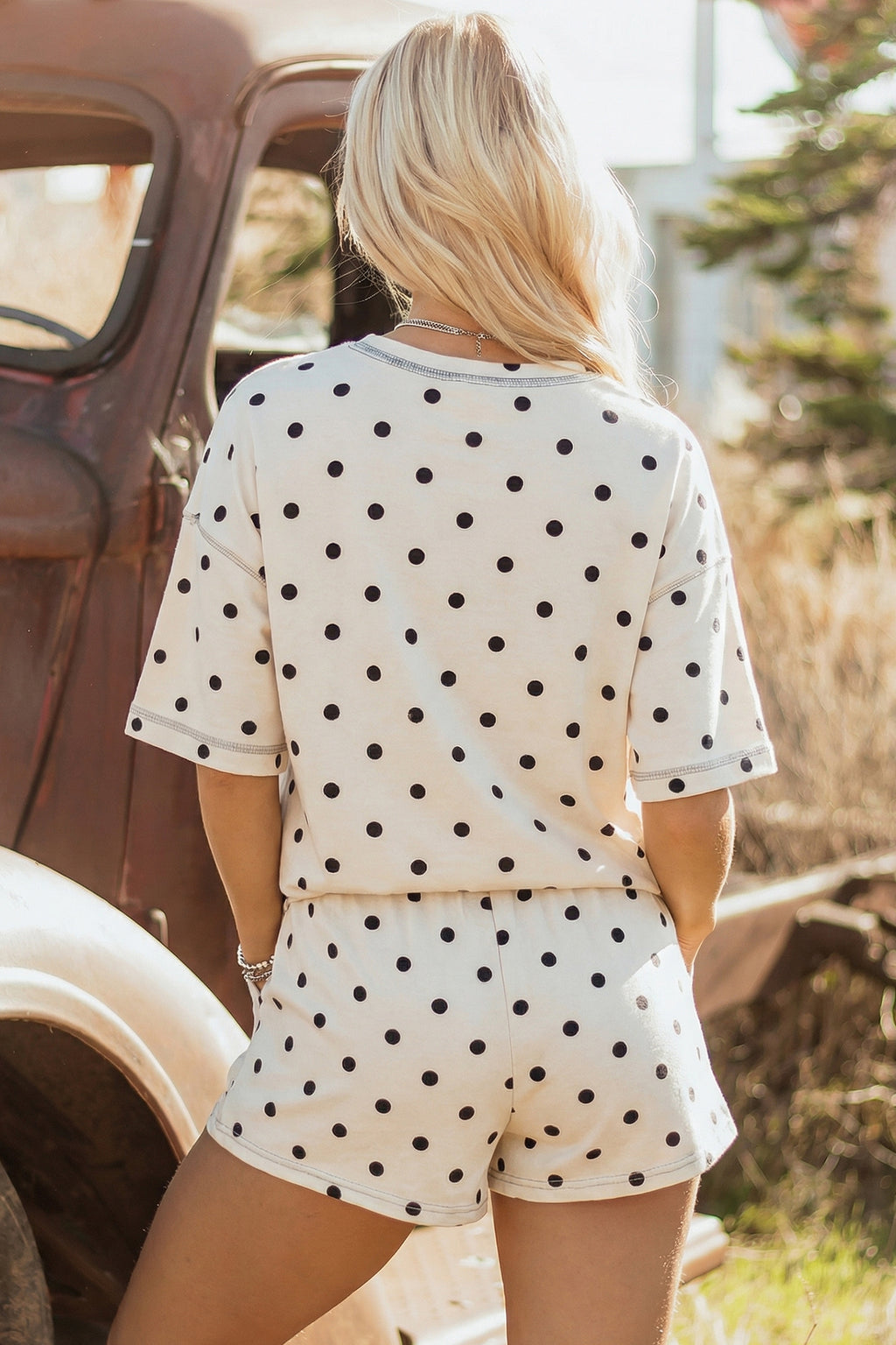 LivelyLooks White Polka Dot Exposed Seam Loose Tee & Drawstring Shorts Set S-XL women's fashion